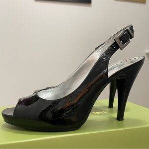 Gianni Bini Black Patent Leather Peep Toe Slingback Heels size 6.5